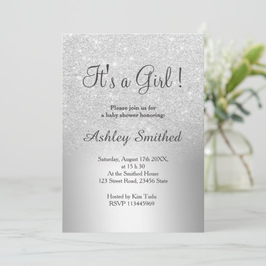 銀グリッターグラデーション金属性の女の子の赤ちゃんシャワー 招待状 (スタンド正面)