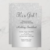 銀グリッターグラデーション金属性の女の子の赤ちゃんシャワー 招待状 (正面/裏面)