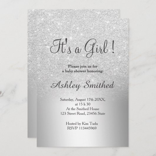 銀グリッターグラデーション金属性の女の子の赤ちゃんシャワー 招待状 (正面/裏面)