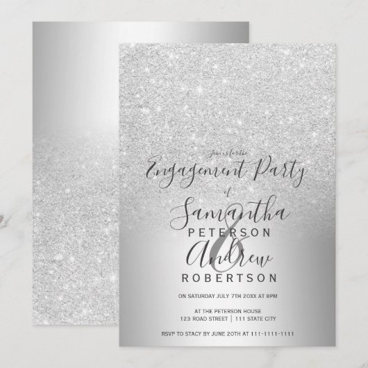 銀グリッターグラデーション金属箔婚約 招待状 (正面/裏面)
