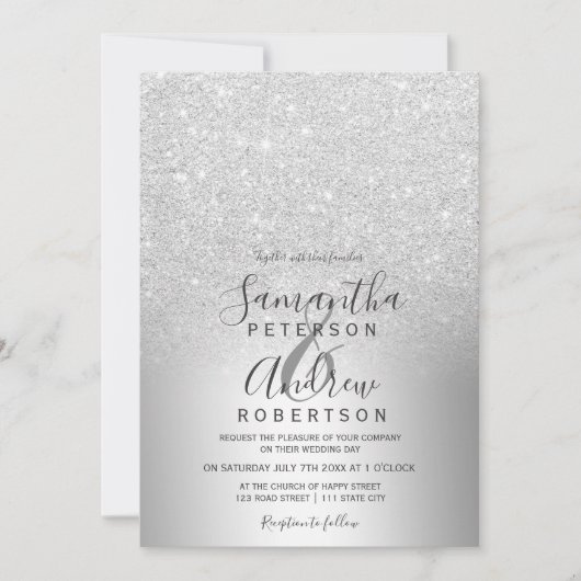 銀グリッターグラデーション金属箔結婚の 招待状 (正面)