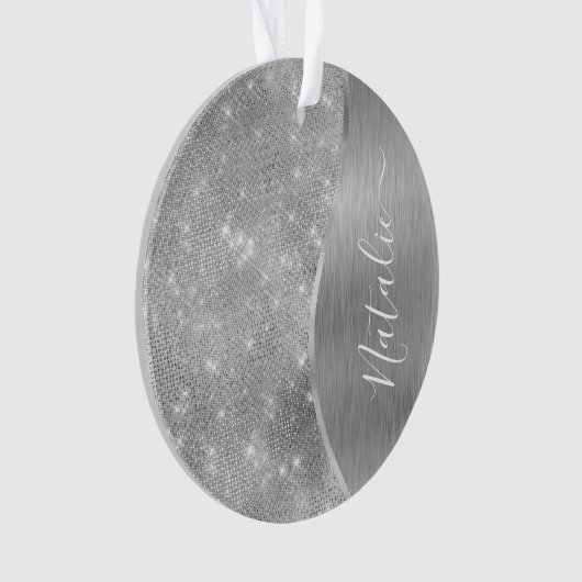銀グリッターグラムメタリきらきら光るックパーソナライズされたル オーナメント (正面)
