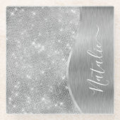 銀グリッターグラムメタリきらきら光るックパーソナライズされたル ガラスコースター (正面)