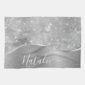 銀グリッターグラムメタリきらきら光るックパーソナライズされたル キッチンタオル (横)