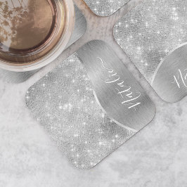 銀グリッターグラムメタリきらきら光るックパーソナライズされたル スクエアペーパーコースター
