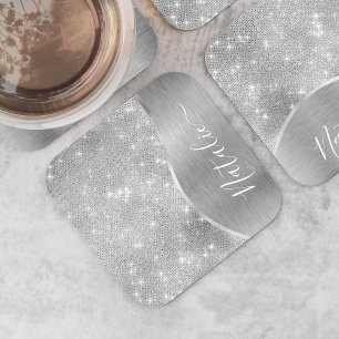 銀グリッターグラムメタリきらきら光るックパーソナライズされたル スクエアペーパーコースター