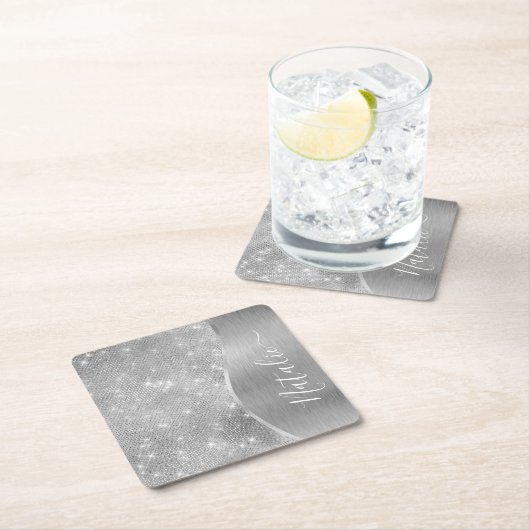 銀グリッターグラムメタリきらきら光るックパーソナライズされたル スクエアペーパーコースター (インサイチュ)