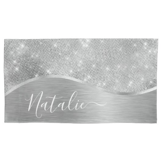 銀グリッターグラムメタリきらきら光るックパーソナライズされたル 枕カバー (正面)