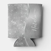 銀グリッターグラムメタリきらきら光るックパーソナライズされたル 缶クーラー (正面)