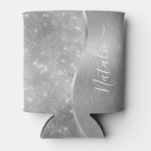 銀グリッターグラムメタリきらきら光るックパーソナライズされたル 缶クーラー (正面)