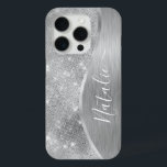 銀グリッターグラムメタリきらきら光るックパーソナライズされたル iPhone 15 PROケース<br><div class="desc">このシルバーブラシ仕上げ金属と魅力的なフェイクグリッターの電話ケースを自分の名前をカスタムするで簡単にパーソナライズ。</div>