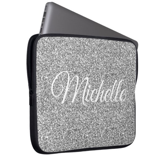 銀グリッタースパークルメタリックパーソナライズされた ラップトップスリーブ (正面右)