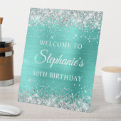 銀グリッターターコイズフォイル50誕生日 台座サイン (インサイチュ)