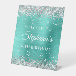 銀グリッターターコイズフォイル50誕生日 台座サイン