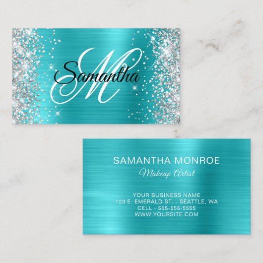 銀グリッターターコイズブルーフォイルモノグラファンシーム 名刺 (正面/裏面)