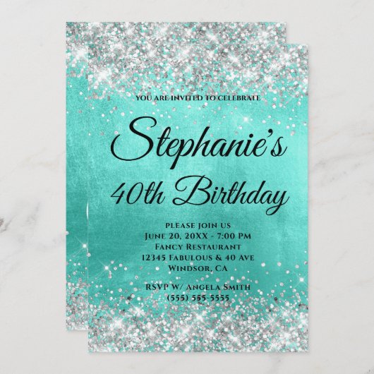 銀グリッターターコイズ箔モノグラファンシーム 招待状 (正面/裏面)
