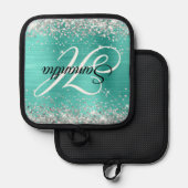 銀グリッターターコイズ箔モノグラファンシーム 鍋敷き (正面/裏面)