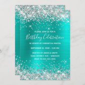銀グリッターターコイズ箔誕生祝い 招待状 (正面/裏面)