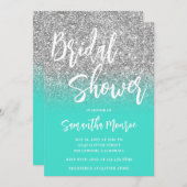 銀グリッターターコイズQRコードブライダルシャワー 招待状 (正面/裏面)
