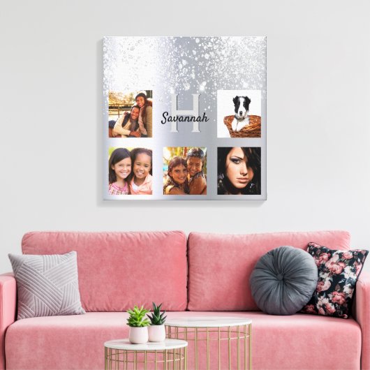 銀グリッターダストフォトコラージモノグラム キャンバスプリント (インサイチュ (リビング))