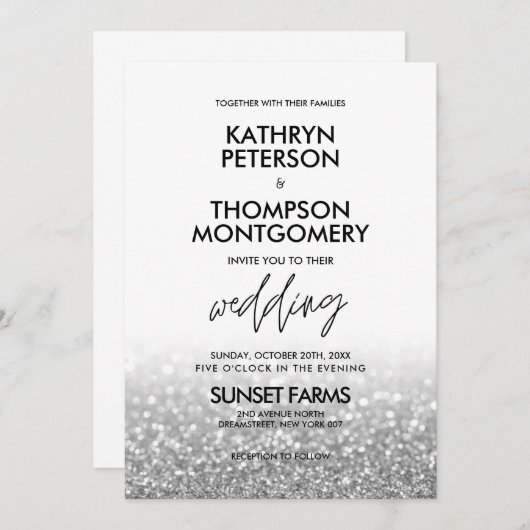 銀グリッタートレンディーエレガント結婚式招待状 招待状 (正面/裏面)