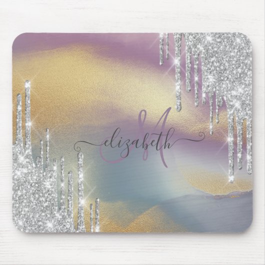 銀グリッタードリップスカラフル金ゴールドモノグラム マウスパッド (正面)