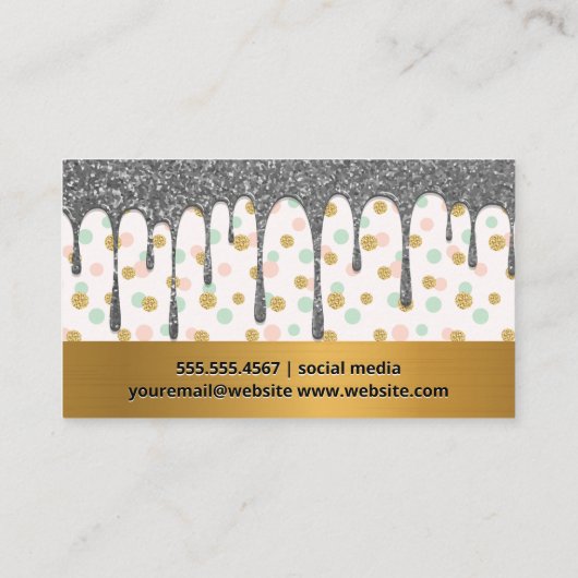銀グリッタードリップ/金ゴールド水玉模様パターン 名刺 (裏面)