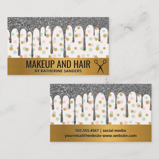 銀グリッタードリップ/金ゴールド水玉模様パターン 名刺 (正面/裏面)