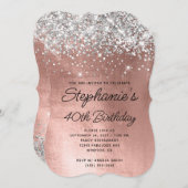 銀グリッターバラ金ゴールドモノグラム40th誕生日 招待状 (正面/裏面)