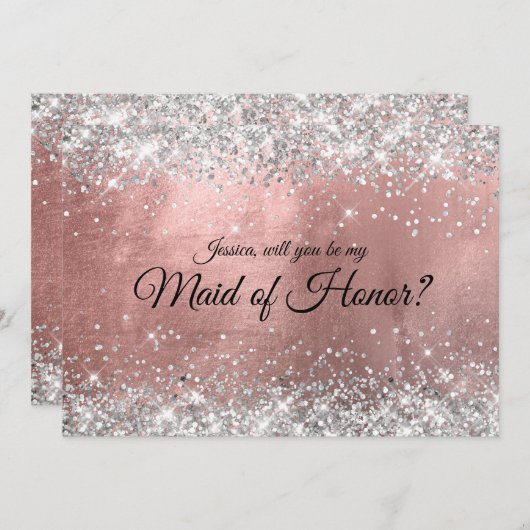 銀グリッターバラ金箔メイド・オブ・オーナー(花嫁付き添い人) 招待状 (正面/裏面)