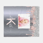 銀グリッターピンク写真モノグラムのスパークル フリースブランケット (正面(横))