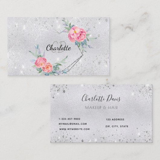 銀グリッターフローラメイクアップ毛美しい 名刺 (正面/裏面)