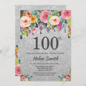 銀グリッターフローラ100番目の誕生日招待状 招待状 (正面/裏面)