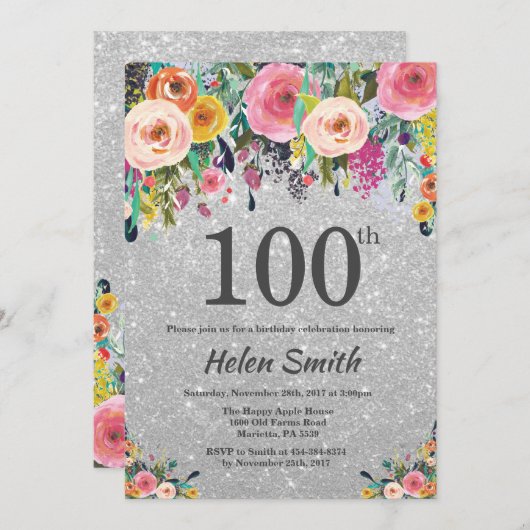 銀グリッターフローラ100番目の誕生日招待状 招待状 (正面/裏面)