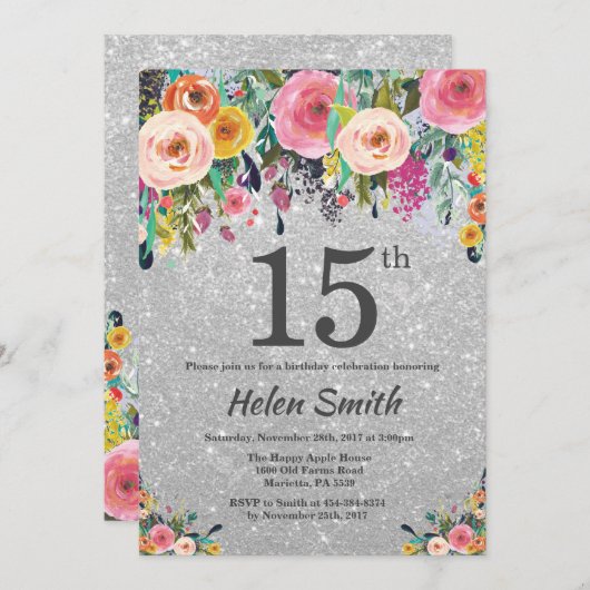 銀グリッターフローラ15番目の誕生日招待状 招待状 (正面/裏面)