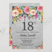 銀グリッターフローラ18番目の誕生日招待状 招待状 (正面/裏面)