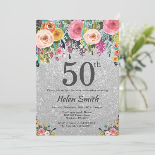 銀グリッターフローラ50番目の誕生日招待状 招待状 (スタンド正面)