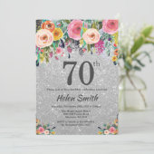 銀グリッターフローラ70番目の誕生日招待状 招待状 (スタンド正面)