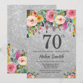 銀グリッターフローラ70番目の誕生日招待状 招待状 (正面/裏面)