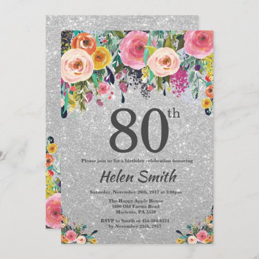 銀グリッターフローラ80番目の誕生日招待状 招待状 (正面/裏面)
