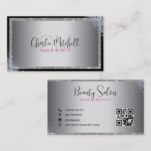 銀グリッターブラックフレームビジネスカード 名刺 (正面/裏面)