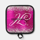 銀グリッターホットピンクフォイルモノグラムファンシー 鍋敷き (正面)