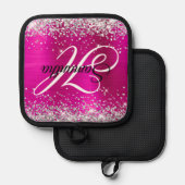 銀グリッターホットピンクフォイルモノグラムファンシー 鍋敷き (正面/裏面)