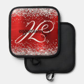 銀グリッターレッドフォイルファンシーモノグラム 鍋敷き (正面/裏面)