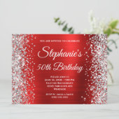 銀グリッターレッドフォイルモノグラム50誕生日 招待状 (スタンド正面)