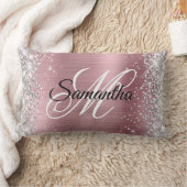 銀グリッター光沢ピンク箔モノグラム ランバークッション (ブランケット)