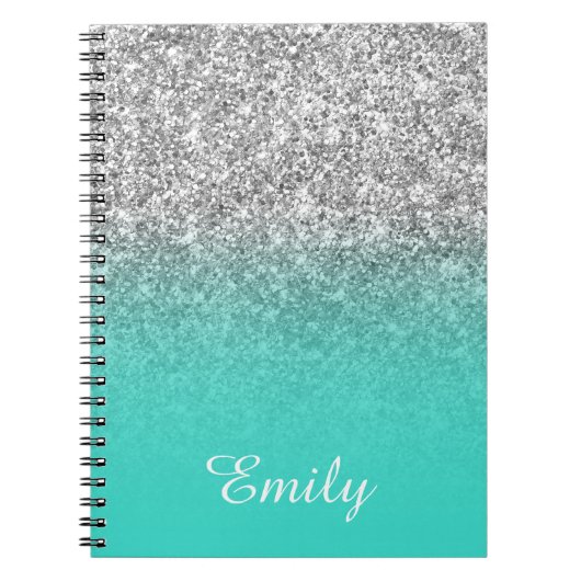 銀グリッター及びターコイズグラデーションパーソナライズされた ノートブック (正面)
