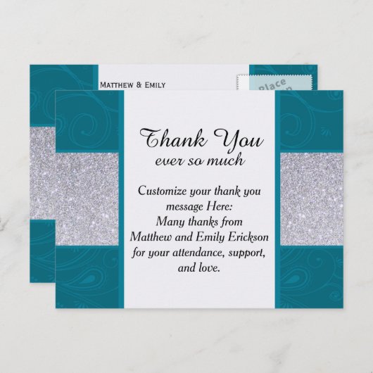 銀グリッター及びデザイン付アクア渦巻形のティール（緑がかった色） ポストカード (正面/裏面)