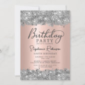 銀グリッター及びバラ金ゴールドメタル100誕生日 招待状 (正面)