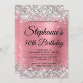 銀グリッター及びピンクフォイルファンシーモノグラム 招待状 (正面/裏面)